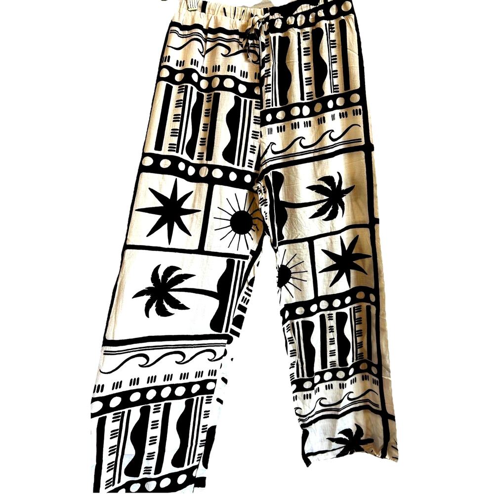 Paper Heart Linen Pants Boho Brown Coastal Tropical Print Gypsy Anthropologie XS